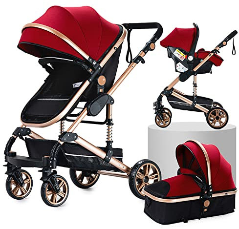 Magic ZC Kinderwagen 3 in 1, Kinderwagen Set Umkehrbarem Doppelschiebemodus, Kombikinderwagen 3 in 1 Großer Bequemer Babywanne, Buggy Rahmen Aluminiumlegierung Faltbar Hohe Landschaft (739 Red)