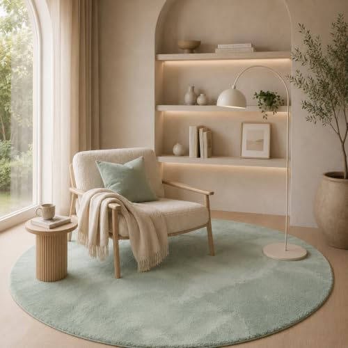 Luxus Fellteppich Pearl Grün Rund – Super Soft Kunstfell Hochflor Teppich