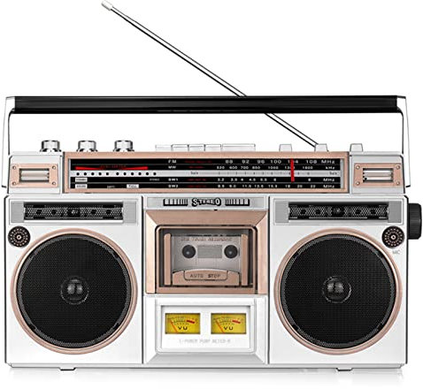 Reproductor de cintas de CD Vintage Boombox, reproductor de casete y radio AM/FM, reproductor de cintas de CD estilo años 80, refuerzo de graves, tarjeta TF/disco U/Bluetooth, múltiples modos de tra