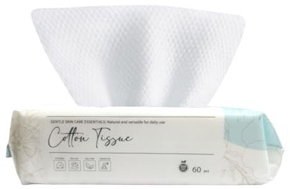 Disposable Face Towels, 60 Count Soft Pure Cotton Dry Wipes for Sensitive Skin, Unscented Biodegradable Cotton Tissues Wet and Dry Use for Baby and Make-Up Remover Wipes