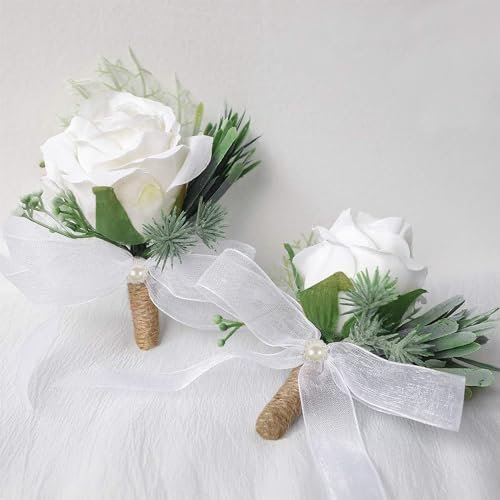 KJEC Ansteckblumen-Set für Bräutigam, Braut, Trauzeugen, Brautjungfern, Hochzeit, Party, Abschlussball, Anzug, künstliche Ansteckblumen, 2 Stück