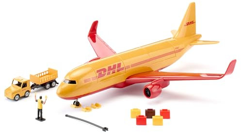 siku 1702, DHL Frachtflugzeug aus Kunststoff mit Zubehör, Rot/Gelb, Spielzeug-Modell, Inkl. Gepäckwagen, Abschleppstange, Bremsklötzen und Fluglotse