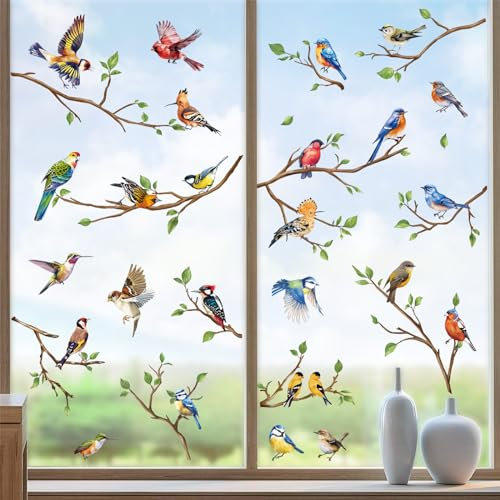 decalmile Fensterbilder Vögel auf Ast Selbstklebend Fensteraufkleber Vogelschutz Sommer Frühling Fenster Abziehbilder Baum Ast Zweige Anti-Kollision Fensterfolie Glas Fensterdeko Aufkleber