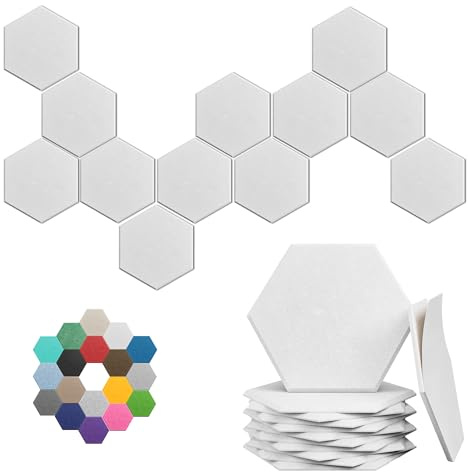 Sechseckige Akustikplatten, 12 Stück, selbstklebende Schallplatten (Schneeweiß) | Hochdichte 30,5 x 25,4 x 1 cm schallabsorbierende Wandfliesen für Studios, Büros, Spielzimmer, Heimkinos und Schlafzimmer.
