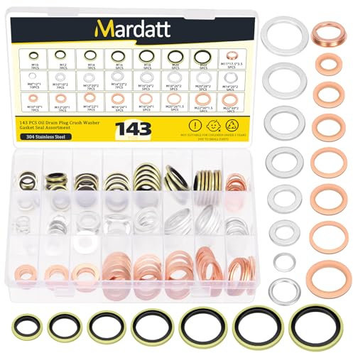 Mardatt 143Pcs Öl Drain Plug Dichtung Kit, Aluminium, Kupfer, Metall/Gummi Öl Drain Plug Crush Unterlegscheibe Dichtung Dichtung Kompatibel mit Jeep GM Ford Toyota M10 M11 M12 M14 M18 M20 M22