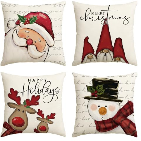 Artoid Mode GNOME Rentier Weihnachtsmann Schneemann Weihnachten Kissenbezüge 4er Set, 40x40 cm Christmas Zierkissenbezug Cushion Cover Couch Deko