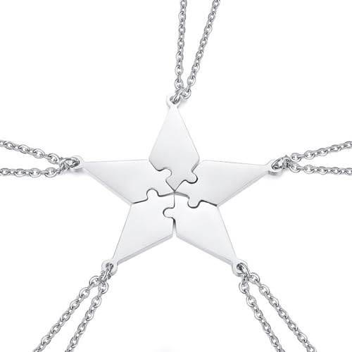 Cosysparks Friendship Necklace for 5, Bff Gifts Best Friend Necklace Jigsaw Puzzle Matching Necklaces for Men/Women/Teens Family Gifts Stainless Steel Star Pendant with Chain(For 5)