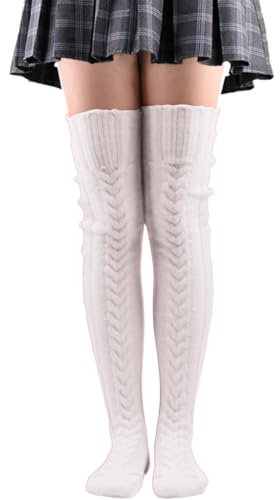 Damen-Oberschenkelstrümpfe mit Zopfmuster, extra Damen Kniestrümpfe für den Winter, warm, über kniehohe Stiefelstrümpfe, Beinstulpen Stützstrumpfhose Damen Satin Strumpfhose (White, One Size)