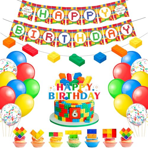 Building Block Decorazioni per Feste di Compleanno,53pcs Blocchi Decorazione Set-Banner di Compleanno a Blocchi di Costruzione Palloncini Cake Topper etc Forniture per Feste Building Blocks