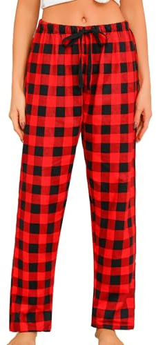 MIA LUCCE Pyjamasbyxor, dam, rutiga byxor dam för kvinnor sömn/jogging/promenader, pyjamasbyxor dam långa flanellpyjamasbyxor dam med dragsko, Röd svart rutig, M