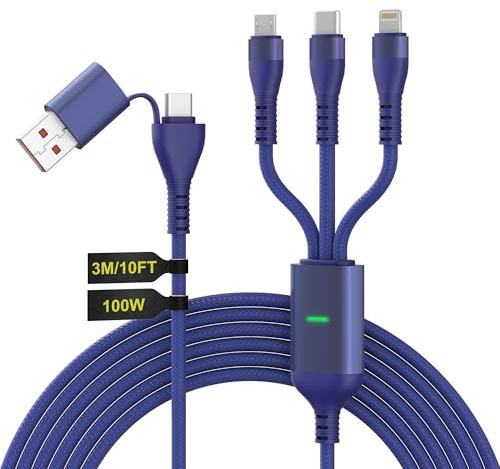 100W USB C Multi Ladekabel - 3M USB-Ladekabel Mehrfach 3 in 1 Universelles Kabel für iPhone 17 16 15 14, Android, Pad, Mac, Laptop, mit Lightning USBC und Micro-USB Anschlüssen, Typ C 6A PD & Daten