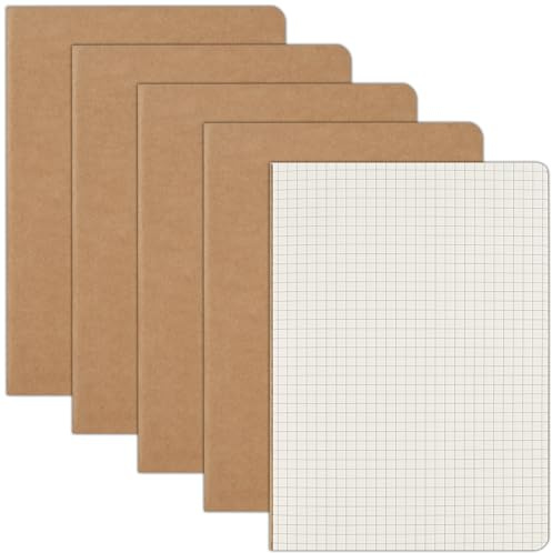 ZCZN A5 Squared Notebook, 5 Pack Kraft Cover Grid Notebooks, 60 Pages Each, Ideal for Writing Drawing, and Organising