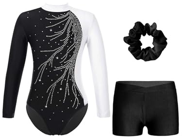 Eandarui Leotards for Girls Rhinestones Long Sleeve Unitards Jumpsuit with Shorts and Headwear Gymnastics Dance Outfits White&Black 7-8 Years