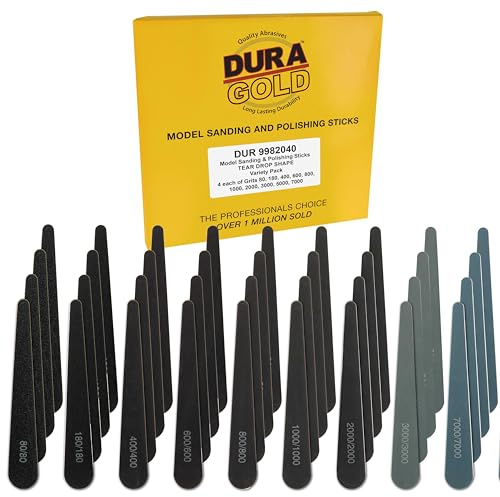Dura-Gold Sanding Sticks and Polishing Sticks for Plastic Models, Pack of 40-4 Each of 10 Grits, Coarse 80 to Ultra-Fine 7000 Grit, Water Drop Style - Sand Wood Metal Auto Detailing, Hobby Sandpaper