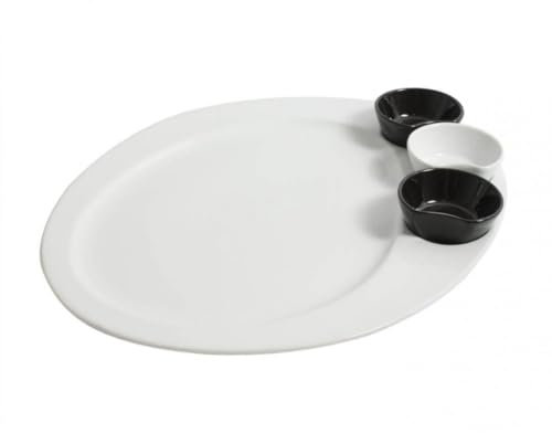 Ensemble de 6 assiettes LISA ovales + 2 saucières noires et 1 saucière blanche LISA, plats de service entrées et desserts et viande, en porcelaine blanc - Longueur 34 x largeur 28 x Hauteur 2 cm