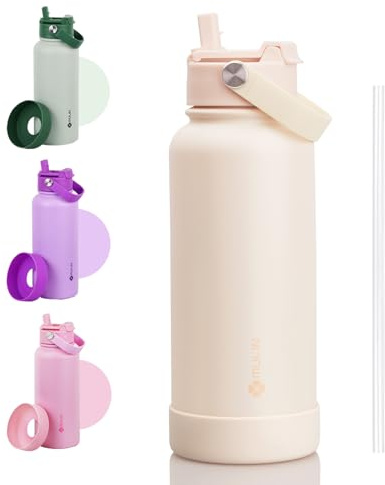 MU LIN borraccia termica 1 litro, borraccia con cannuccia, borraccia sportiva alluminio,thermos grande per bere di piu,Adatto a casa, ufficio, campeggio, palestra/Bianco