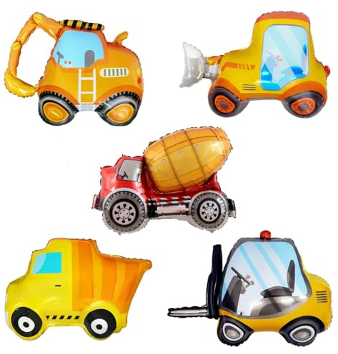 5 Stück Bauballons, Bagger-Ballon, Kipplaster, Folienballon, Gabelstapler, Mischwagen, Kran-Ballon für Jungen, Baufahrzeug, Party-Dekorationen, Kindergeburtstag, Party-Dekorationen