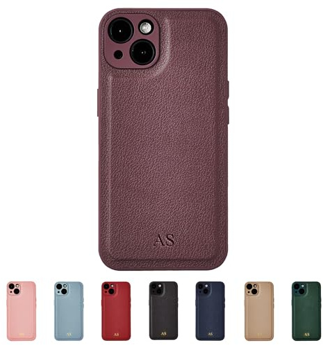 Tirita Personalisierte Handyhülle für iPhone 14 Hülle - Handyhülle Selbst Gestalten aus Veganem Leder & Initialen Personalisieren - Geschecke für Frauen & Männer - Burgunder, Ohne Gold