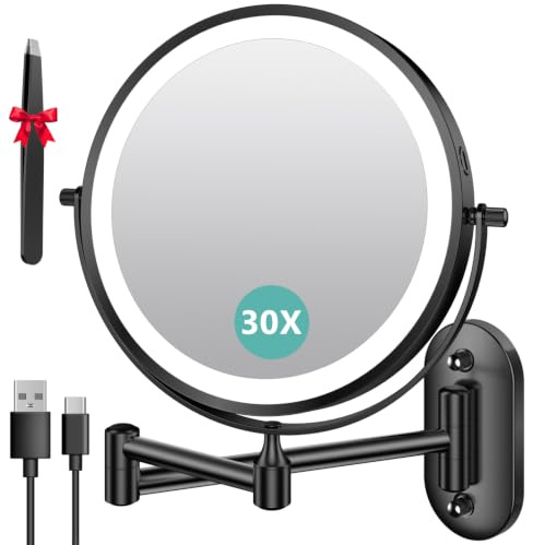 Auxmir Kosmetikspiegel mit Beleuchtung, 1X 30X Rasierspiegel Wandmontage | 3200mAh Akku, Ausziehbarer Schwenkarm, 3 Lichtfarben, Stufenlos Dimmbar und 360° Drehbar für Badezimmer und Hotel, Schwarz