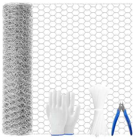 Newthinking Chicken Wire Mesh Roll 40cm x 10m, Galvanized Hexagonal Fencing Wire Mesh Garden Fence Protective Metal Net with Cutting Pliers, Gloves and 100 Cable Ties