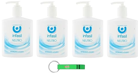 4 saponi neutri Infasil, sapone liquido, sapone per le mani per la pulizia quotidiana, formula con glicerina naturale, adatto per pelli sensibili da 300 ml + portachiavi Beni Culinari gratuito