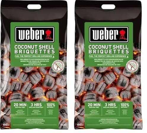 Weber Grill-Briketts aus Kokosnussschalen (8kg Sack), leistungsstark, für Lange und konstante Glut, ideal für längeres Grillen des Grillguts, 100% natürlich (18402) (Packung mit 2)
