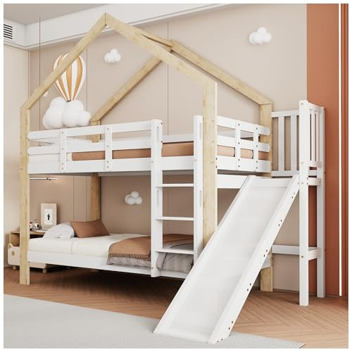 Wyibwy Cama para niños de 90 x 200 cm, litera con tobogán y escalera de tres peldaños, cama tipo casita con protección anticaída, estructura de madera maciza (sin colchón)