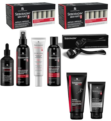 SEBORADIN Maria Black Set Uomo – Fiale – Dermaroller – Siero Notturno Anticaduta Cuoio Capelluto – Shampoo e Lozione 200 ml – Peeling Cuoio Capelluto – Crema Viso 50 ml – Gel Doccia 2in1