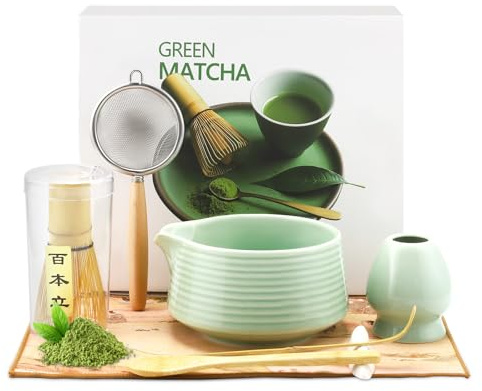 Matcha Whisk Set, 8 PCS Matcha Tea Set with Bamboo Matcha Whisk and Ceramic Bowl, Spoon/Scoop/Holder/Sifter, Complete Reusable Matcha Making Kit for Ceremony, Matcha Starter Kit Gift for Matcha Lover