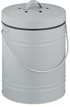 Relaxdays 5 L Compostera Cocina, Cubo Compostaje Pequeño, Basura Orgánica, con Tapa y Filtro Anti Olores, Metal, Gris