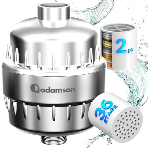 Adamson Shower Filter for Hard Water – 36-Stage High Output Filtered Shower Head, Reduces Chlorine, Limescale & Heavy Metals – Improves Skin & Hair – Easy Installation – Extra Cartridge Included
