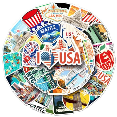 CXNXFD 50 Stück USA Sticker,Amerika Reise Aufkleber Set,Wasserfest Vinyl-Sticker für Scrapbooks Journale Fotoalben Laptop