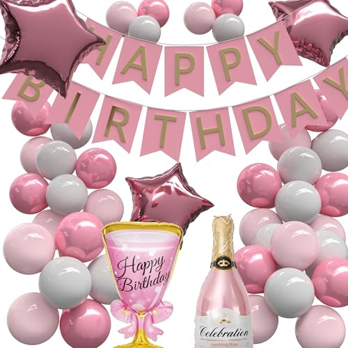DALEMHOME Geburtstagsdeko für Mädchen & Frauen, 39-teiliges Party Deko Set mit Folienballon Sektflasche & Blumenstrauß für Geburtstag (Rosa Pink Weiß)