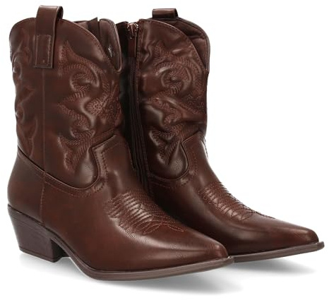 shoes&blues.es 95668 Botin Estilo Cowboy con Bordados en la Cana, Tacon Ancho y Punta Fina. Diseno Moderno. Ideal para Otono Invierno. Marron Talla 36