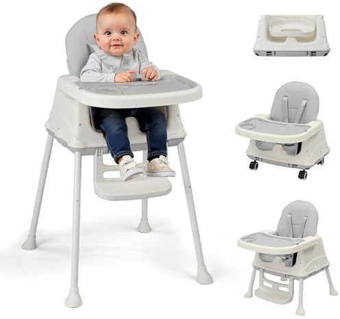 LALAHO 3-in-1 Baby High Chair, Portable Adjustable Height Feeding Highchair with Removable Dual-Layer Tray, 5-Point Safety Harness and Locking Wheels for Toddlers & Babies, Grey