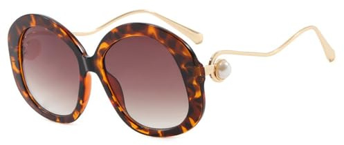 Vintage Runda Damsolglasögon Moderiktiga Pärldesignade Glasögonbågar UV400 Damglasögonbåge, C9, Leopardte, BH01
