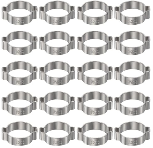 sourcing map 20pcs Double Ear Hose Clamp 20-23 mm 304 Stainless Steel Hose Clamp Double Ear O Clips Crimp Rings for Fuel Line Pipe Tube Fitting Connections, Silver