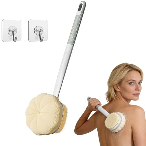 2-in-1 Duschbürste 40cm Stiel-Duschschwamm & Rücken Peelingbürste,Entfernt abgestorbene Haut, fördert Lymphe. Inkl. 2 Haken,Grau
