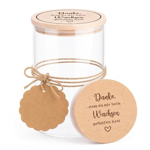 Vorratsglas mit Deckel 850ml, Danke dass du mir beim Wachsen geholfen hast, Abschiedsgeschenk Erzieherin Lehrer, Kleines Dankeschön Geschenke Glas mit Gravur, Keksdose Süßigkeiten für Tagesmutter
