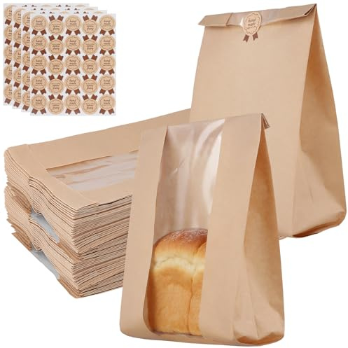 MUKLEI 100 PCS Kraft Paper Bread Bags with Window, 35x21x9cm Large Kraft Paper Bakery Bags with Stickers, Loaf Bag for Homemade Bread, Cookies, Donuts Storage