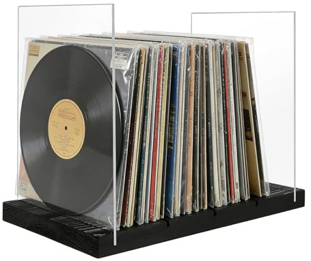 ZOFUN Wooden Vinyl Record Storage Stand - Solid Pine Wood & Acrylic Vinyl Holder, Black Record Storage for LP Albums, Compact Record Stand for Home Office Desktop Decor (25 x 19 cm)
