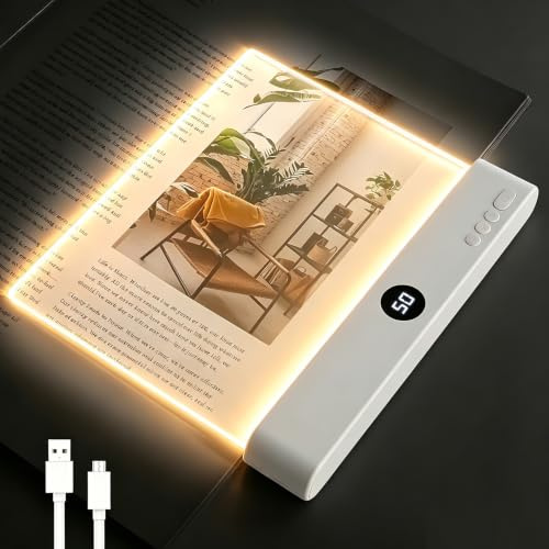 Flat Book Light, 8.5x15.5 cm Rechargeable Led Reading Light, Clear Reading Lights for Books in Bed with 3 Colors & Timer, Dimmable Panel Plate Book Lamp for Home Office Travel