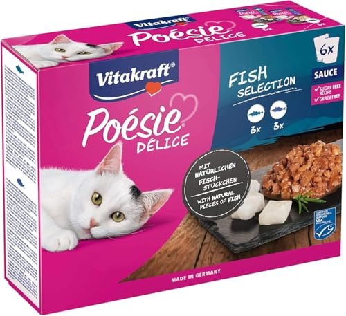 Vitakraft Poésie Délice, Fish Selection, Nassfutter Katze, Katzennassfutter in Sauce, mit Seelachs, mit Kabeljau, ohne Zusatz von Zucker und Getreide (1 Paket mit 6X 85g)