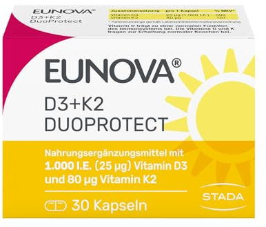 EUNOVA D3 + K2 DuoProtect – 1.000 I.E. Nahrungsergänzungsmittel zur normalen Funktion des Immunsystems & Erhaltung normaler Knochen 30 Kapseln