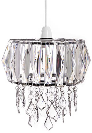 Innoteck Sparkly Prismatic Drum Chandelier Shade – Clear Acrylic Crystal Strips & Faceted Droplets, Chrome Frame, Easy-Fit Non-Electrical Ceiling Light Shade for Bedroom, Hallway & Dining Space