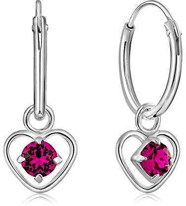 DTPsilver® KLEINE Creolen Ohrringe 925 Sterling Silber mit 3 mm Kristall - Herzform - Mädchen - Dicke 1.5 mm - Durchmesser 14 mm - Farbe : Fuchsie