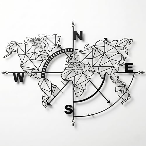DEKADRON Metall-Weltkarte, Wandkunst, geometrischer Kompass, Metall-Wanddekoration, Kunstwerk, Metallschild, Metallkunst, Wanddekoration, Heimdekoration (schwarz, 101 x 76 cm)