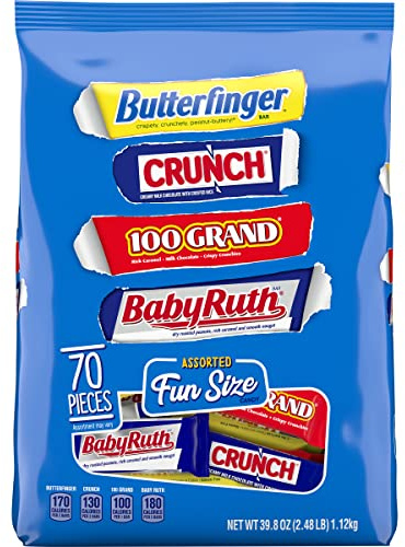 Butterfinger and Co. Bulk Chocolatey Candy Bag, Mix of Fun Size Butterfinger, CRUNCH, Baby Ruth and 100 Grand Milk Chocolatey Bars, Easter Basket Stuffers, 39.8 oz, 70 Count