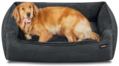 Feandrea Hundebett, Hundekissen in Leinenoptik, Hundekorb, erhöhte Ränder, rutschfeste Unterseite, Bezug abnehmbar waschbar, XL, für große Hunde, 110 x 75 x 27 cm, dunkelgrau PGW012G01