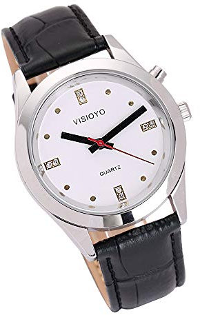 VISIONU Deutsch Sprechende Armbanduhr mit Weckerunktion,Ansage von Uhrzeit und Datum,Weiß- Ziffernblatt (Schwarz Lederarmband TGSW-1903G)